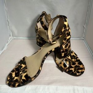 Ann Taylor patent leather leopard print tortoiseshell ankle strap heels